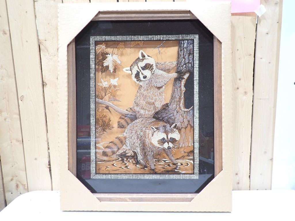 Tom Cryer Reverse Print on Glass Raccoons Wildlife Print Framed 21" X 17" (1 of 7)