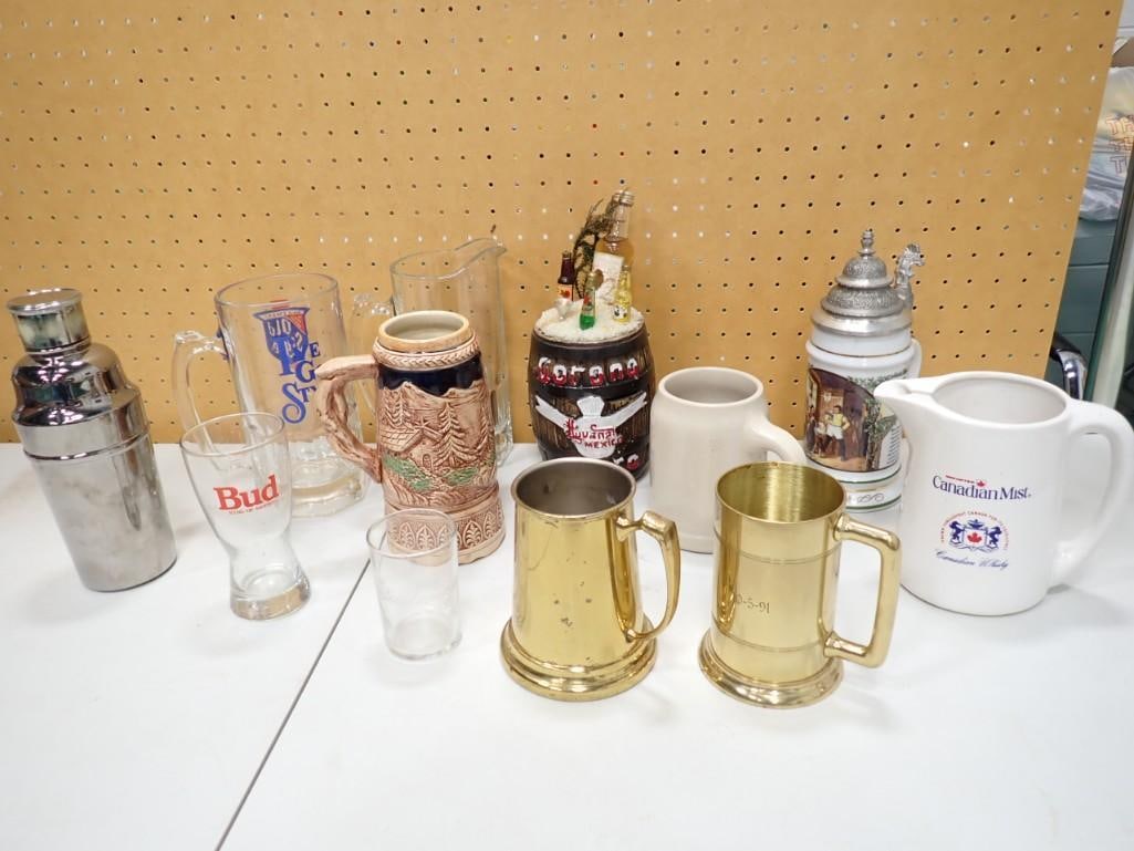 Liquor lot including Ceramic Beer Mugs, Shaker, Corona Advertisement, Pitchers, German Stein with To (1 of 7)