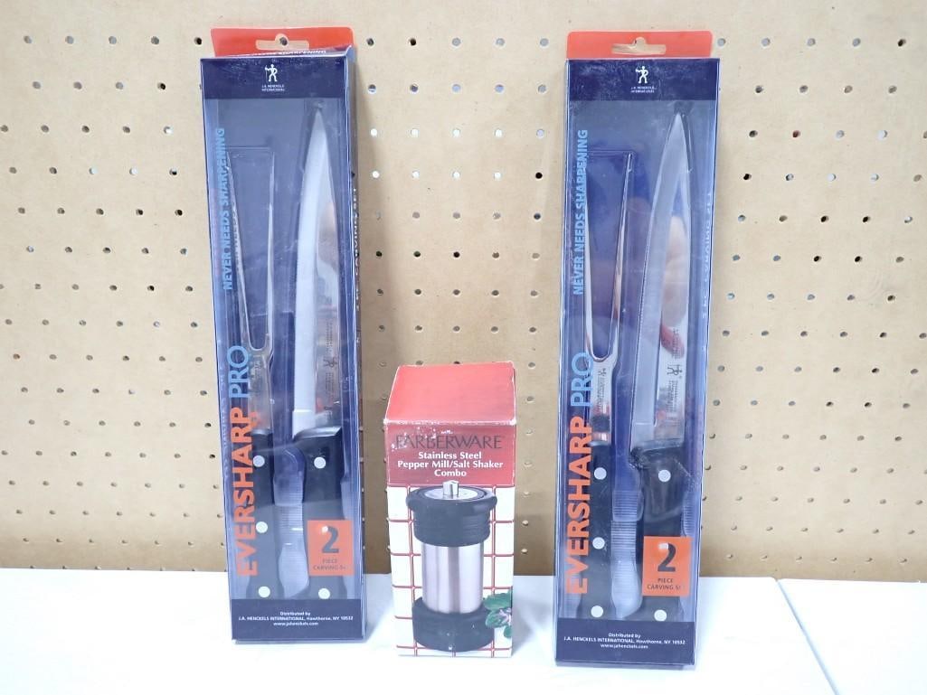 2 Eversharp Pro 2 Pc Carving Sets and a Farberware Stainless Steel Pepper Mill / Salt Shaker Combo (1 of 6)