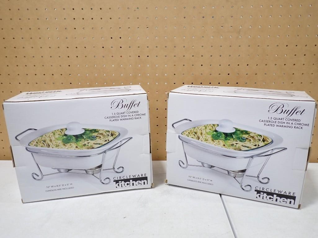 2 Circleware Kitchen 1.5 Qt Covered Casserole Dishes in Chrome Plated Warming Racks Both New in Box (1 of 6)