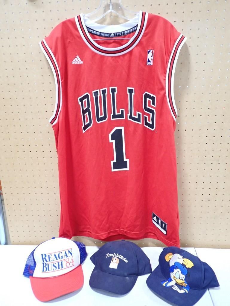 Chicago Bulls Derrick Rose Basketball Jersey Size L, Reagan Bush '84 Hat, Donald Duck Hat, (1 of 12)