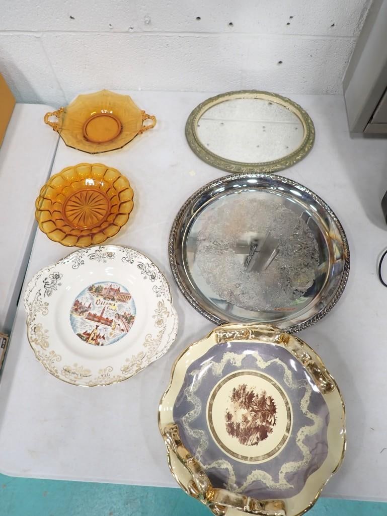 Lot of Platters, plates, Etc incl Wm Rogers Silverplated, Amber Glass, China, etc (1 of 10)