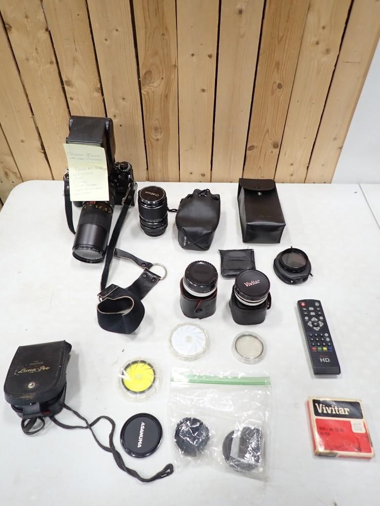 Canon A-1 SLR Camera with 2 Lenses, Flash, Filters, Light Meter, Lens Multipliers, (1 of 12)
