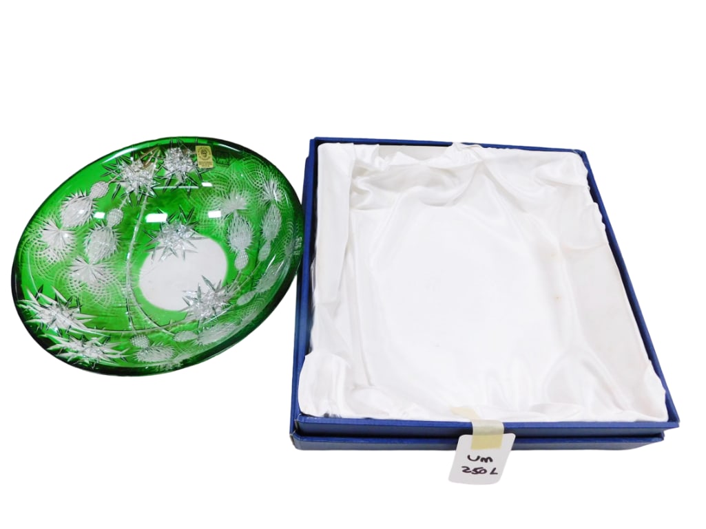 Caesar Crystal Bohemiae Czech Lead Crystal Green Cut to Clear Glass Bowl with box: Caesar Crystal Bohemiae Czech Lead Crystal Green Cut to Clear Glass Bowl with box