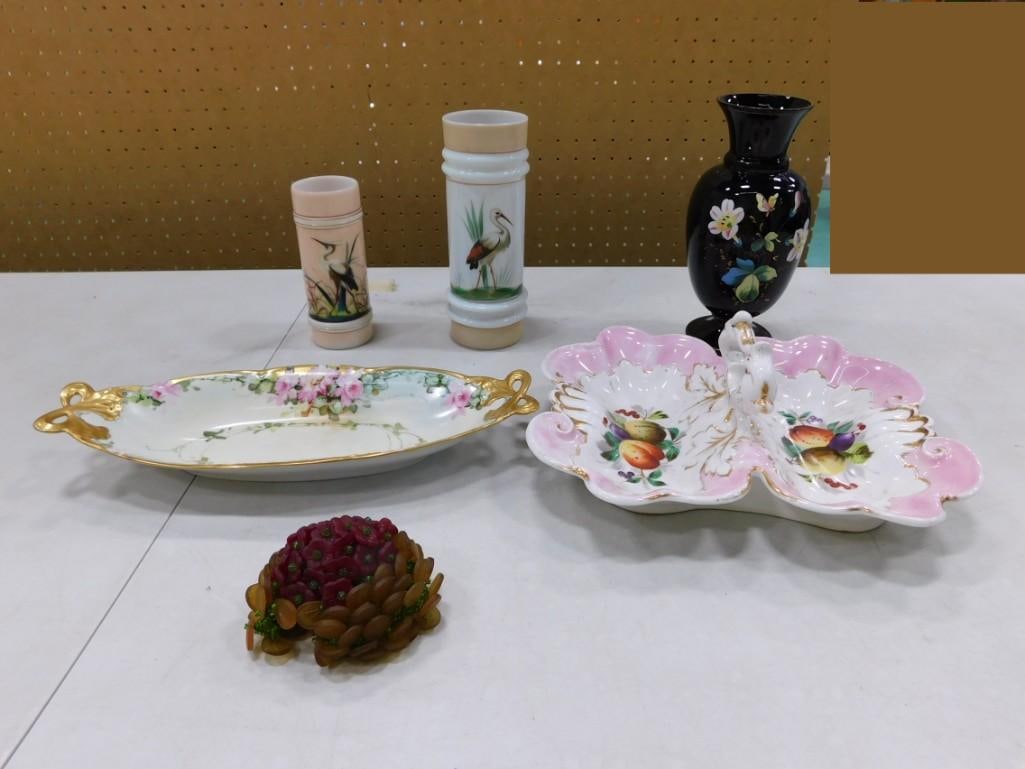 Assorted Glass / China, etc. including Vases with floral and Crane Design, Divided Dish, etc. (1 of 6)