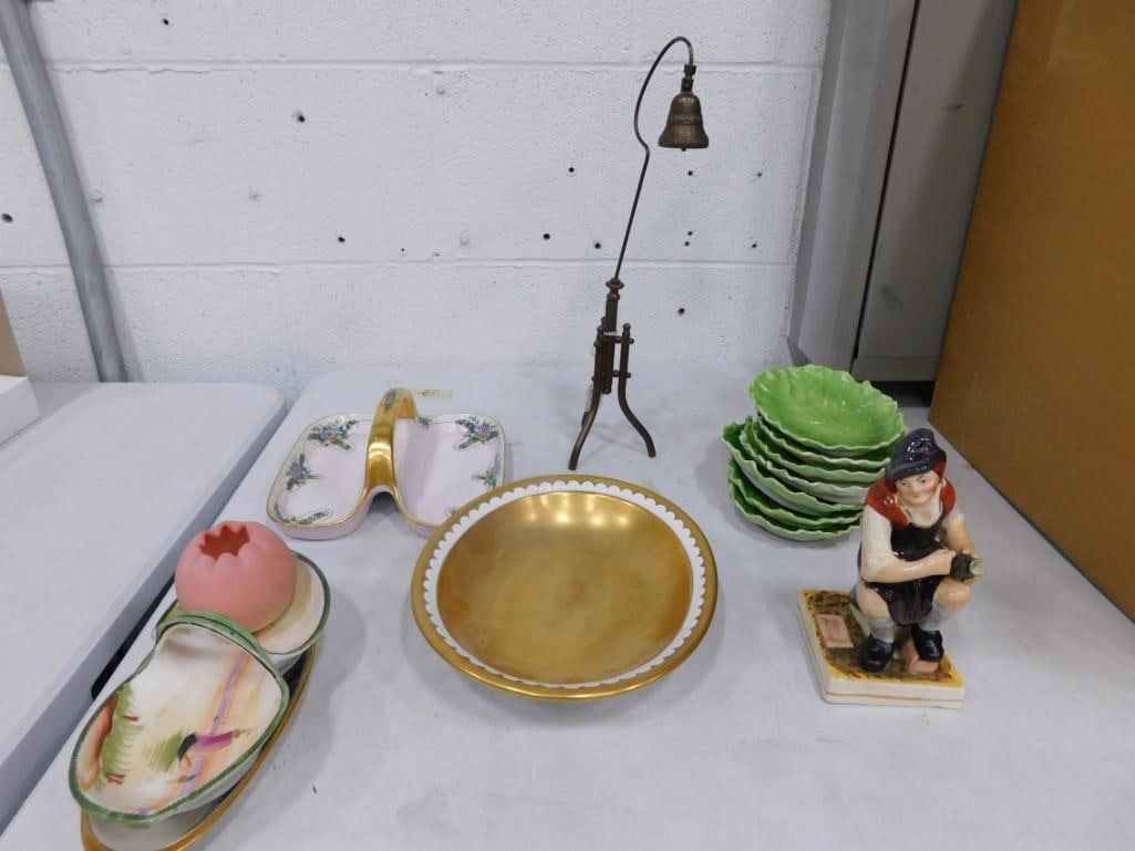 Misc. Lot including Vintage Cabbage Plates / Dishes, Figurine, Gold Gilt, Brass Bell (1 of 10)