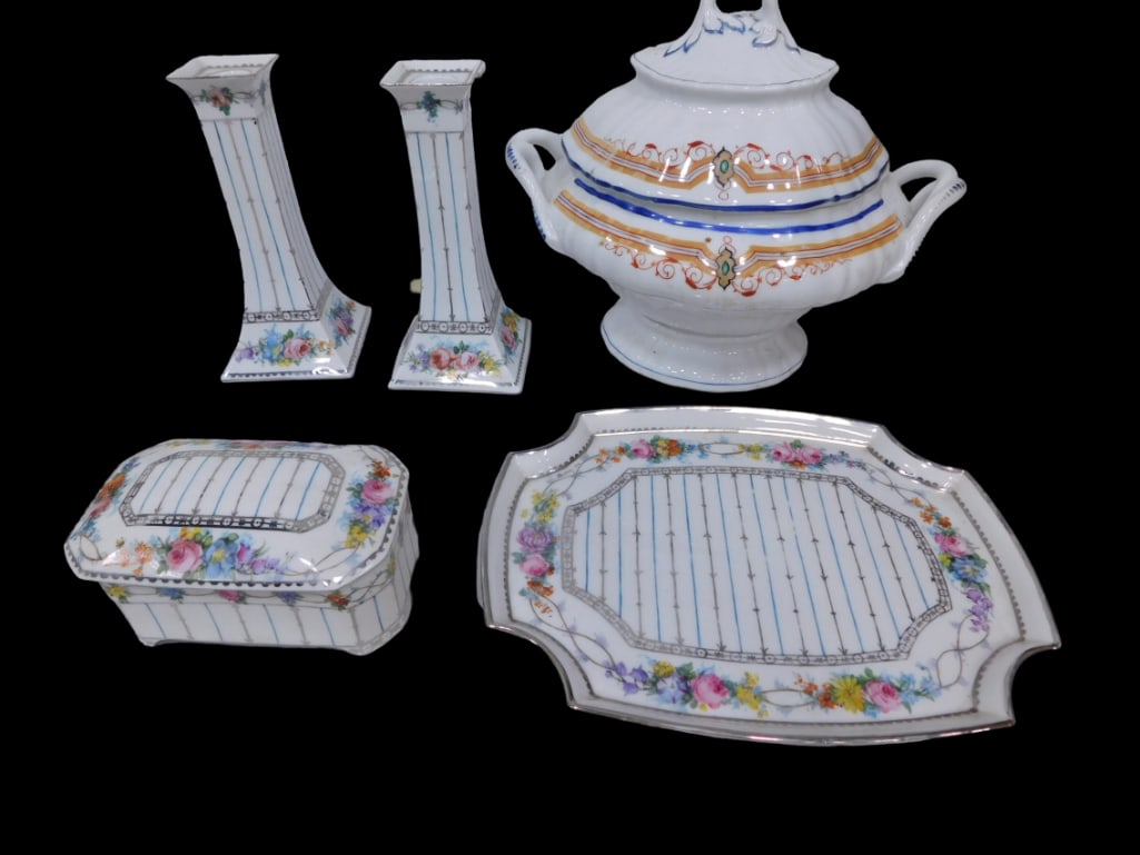 Misc Porcelain China including Austrian Tureen with lid and French Candle Holders, Tray, Covered Dis (1 of 7)