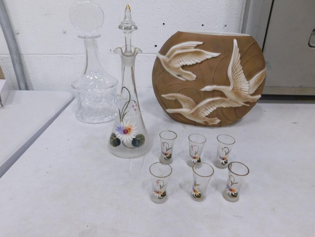 Phoenix Consolidated Geese Glass Vase and Glass Decanters plus shot glasses including Hand Painted: Phoenix Sculpture Artware Geese Glass Vase and Glass Decanters plus shot glasses including Hand Painted
