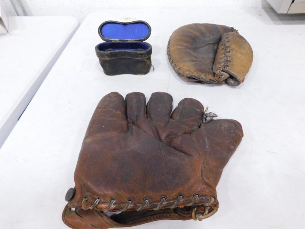 Antique Baseball Mitt's / Gloves including Catcher's Mitt, also Binoculars (1 of 3)
