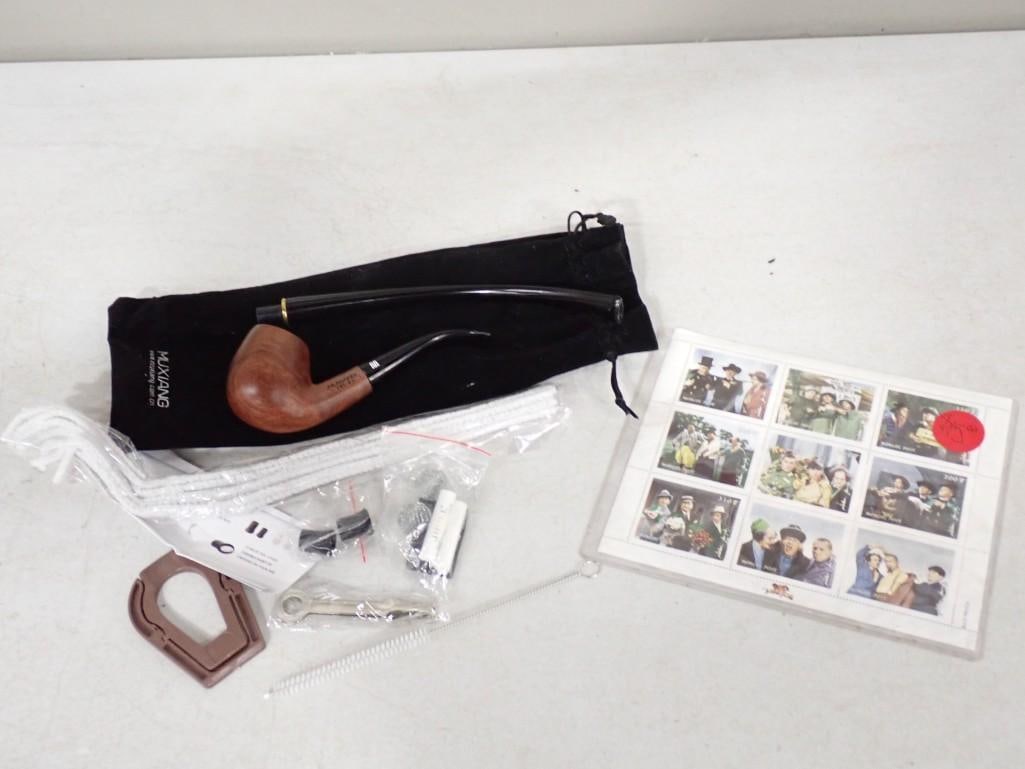 Misc lot including nice Tobacco Pipe with accessories and limited edition 3 Stooges Mongolian Stamps (1 of 6)