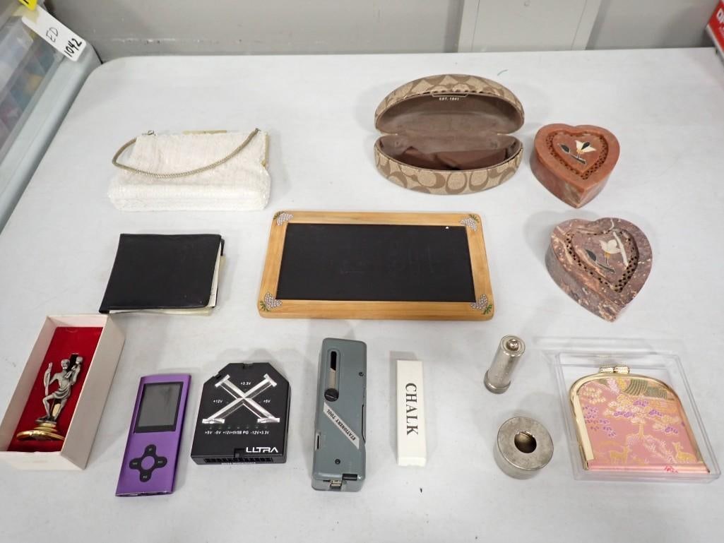 Misc. Lot including Purse, Glasses Holder, Heart Shaped Trinket Boxes, Power Supply Tester, (1 of 9)