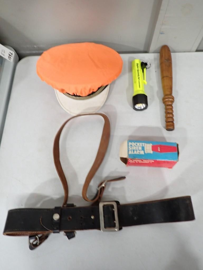 Misc. Lot including Orange Safety Hat, Pocket Siren Alarm, Flash Light, Belt, Club, etc.: Misc. Lot including Orange Safety Hat, Pocket Siren Alarm, Flash Light, Belt, Vintage Club, etc.