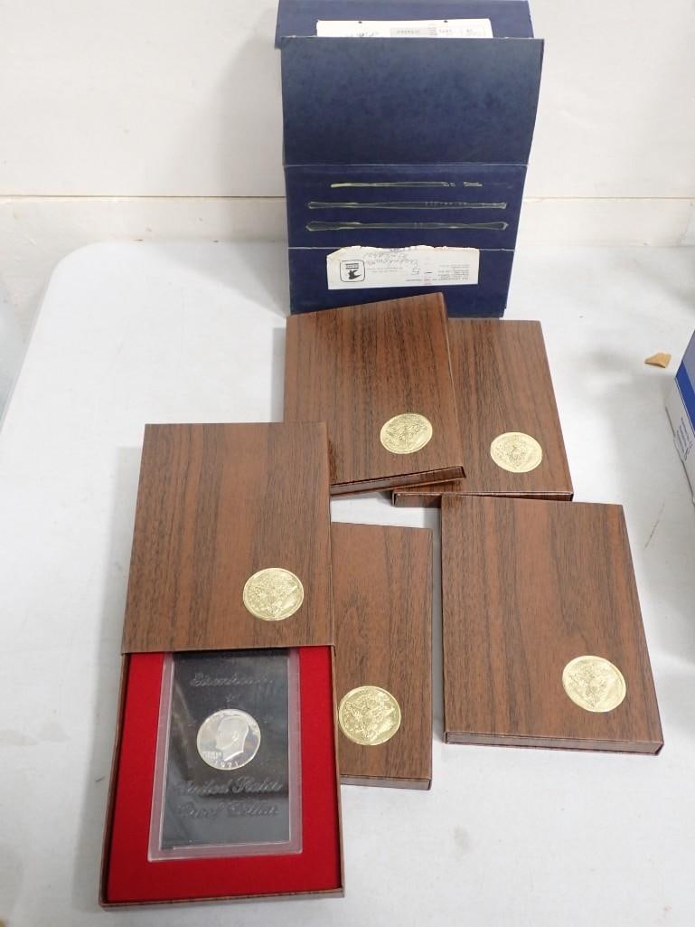 Set of 5 1971 Eisenhower Dollar Coin Proofs - 40% Silver with original shipping box (1 of 7)