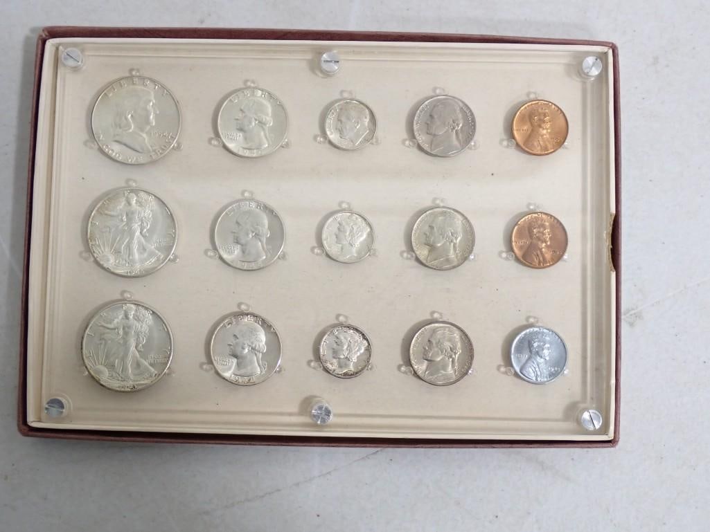 Vintage Display of coins including many 90% silver coins - Franklin Half, 2 Walking Liberty Half Do (1 of 11)