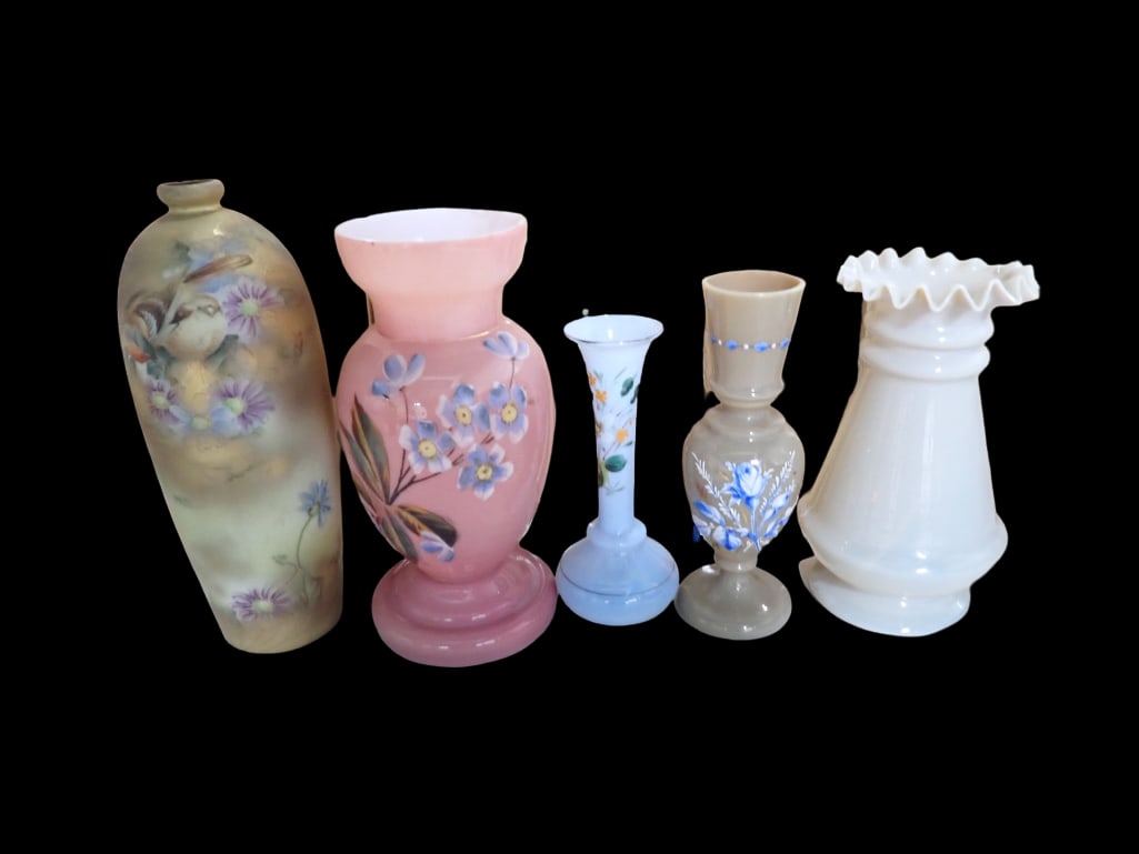5 Vintage Glass Vases incl Blue Opaline Glass Vase and Brown Opaline Glass Vase Both Hand Painted, (1 of 10)