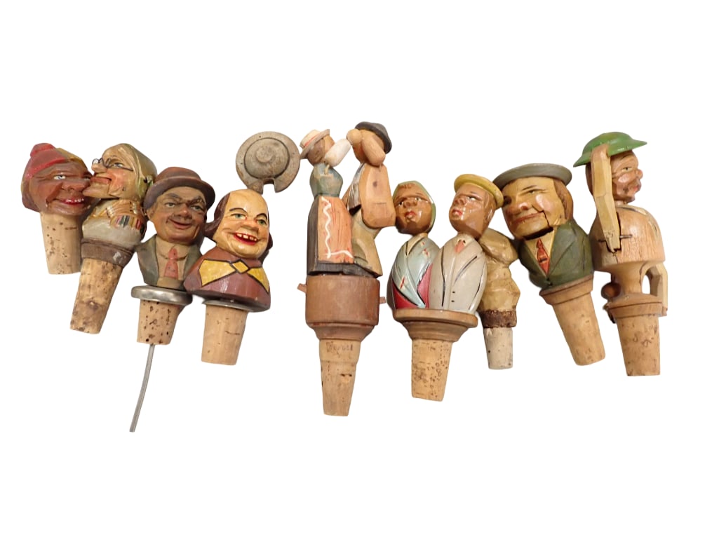 Vintage Hand Carved Folk Art Bottle Stoppers incl Dancing Mechanical Stopper: Vintage Hand Carved Folk Art Bottle Stoppers incl Kissing Mechanical Stopper . 9 wine bottle stoppers total, 3 are mechanical . Possibly Anri