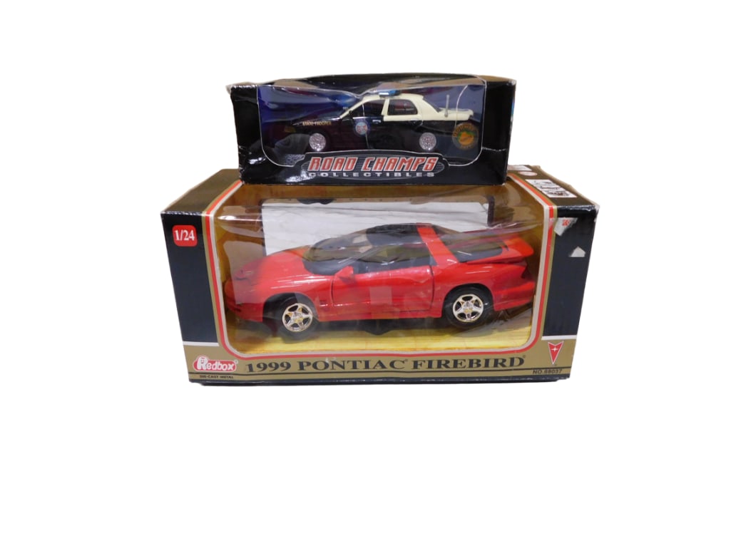 2 Model Cars incl Redbox 1/24 Scale 1999 Pontiac Firebird and a Smaller Road Champs Police Car (1 of 4)