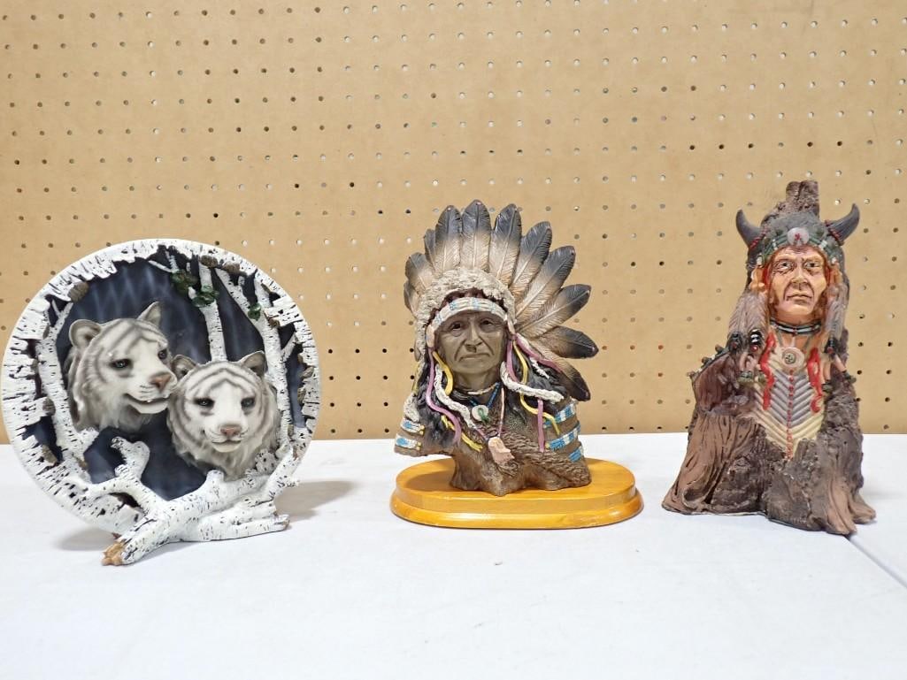 Native American Style Figurines and a Wild Cat Plaque: Native American Style Figurines and a Wild Cat Plaque
