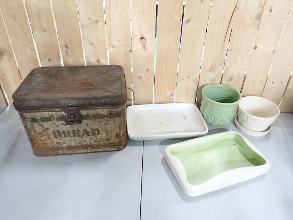Vintage McCoy Pottery Flower Pots, Red Wing Pottery Trays, and an Old Metal Bread Box (1 of 13)