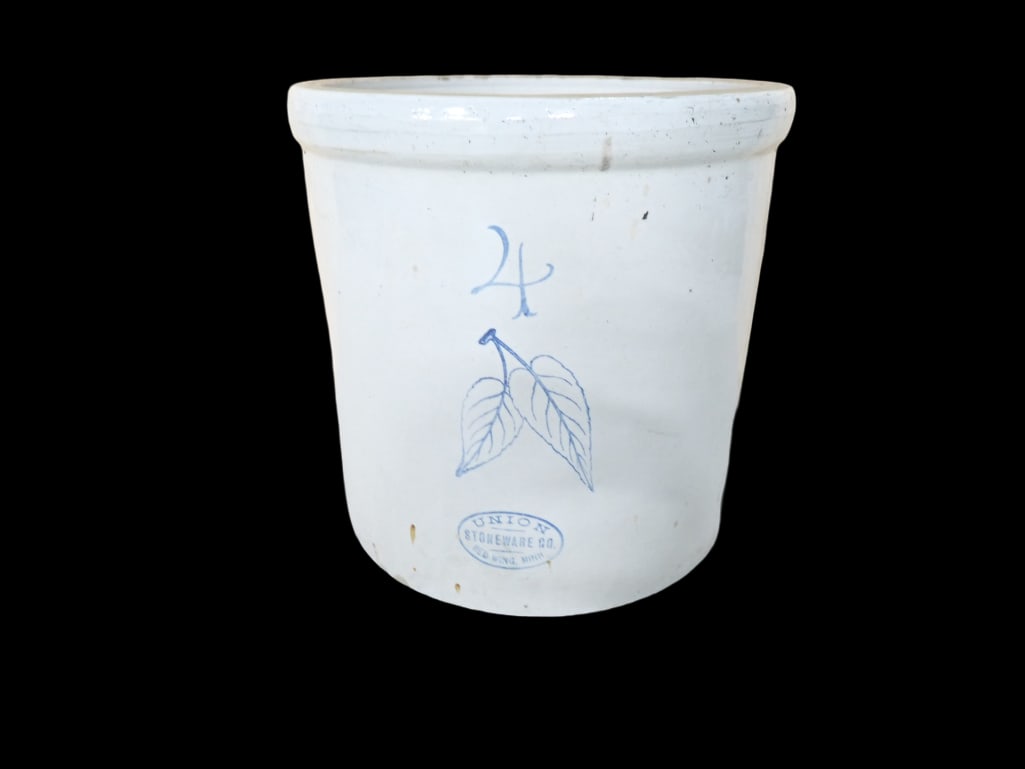 Union Stoneware 4 Gallon Salt Glazed Crock Birch Leaves: Union Stoneware 4 Gallon Salt Glazed Crock Birch Leaf Stamp