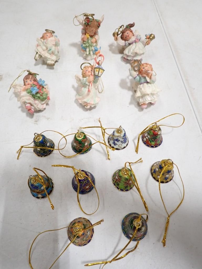 Vintage Christmas Ornaments incl 10 1970s Cloissone Bell Ornaments, 6 pc Ashton Drake Ornaments: Vintage Christmas Ornaments incl 10 1970s Cloissone Bell Ornaments and 6 pc Ashton Drake Angel Ornaments
