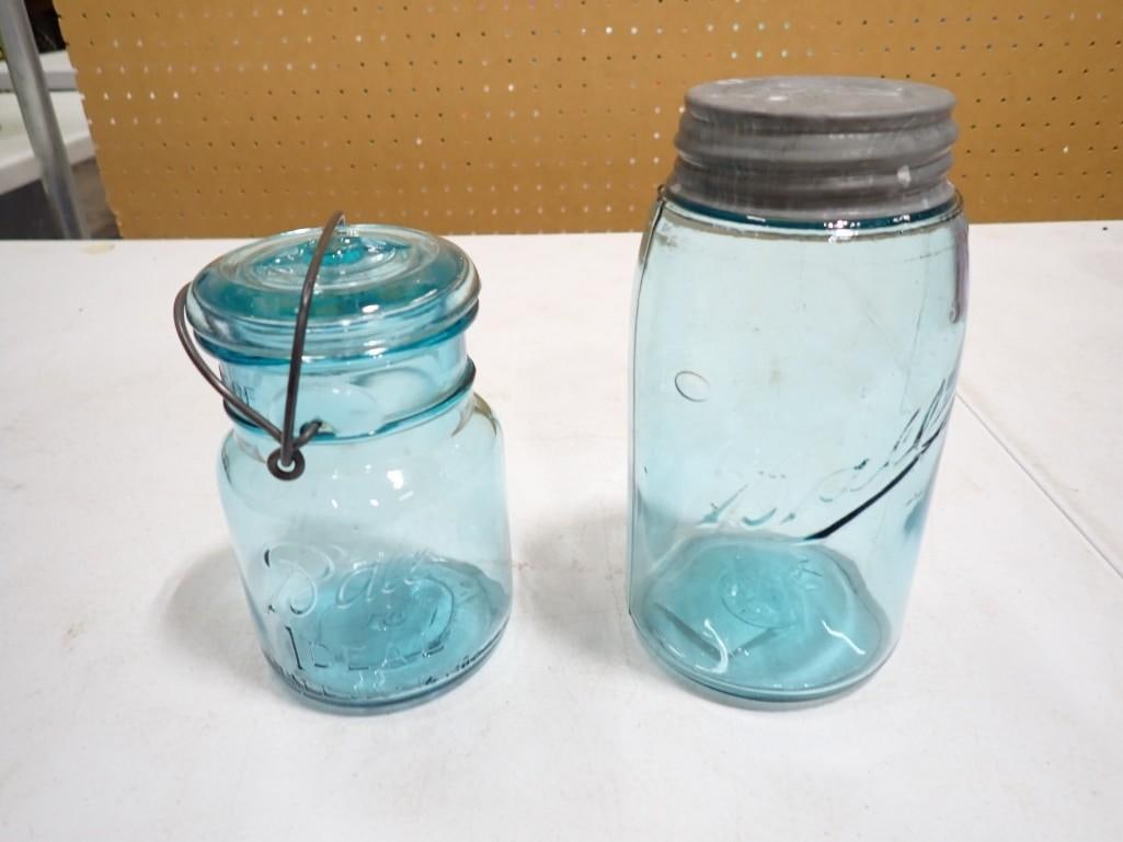 2 Vintage Blue Glass Ball Jars incl 1 With Glass Lid and 1 with Zinc Lid (1 of 6)