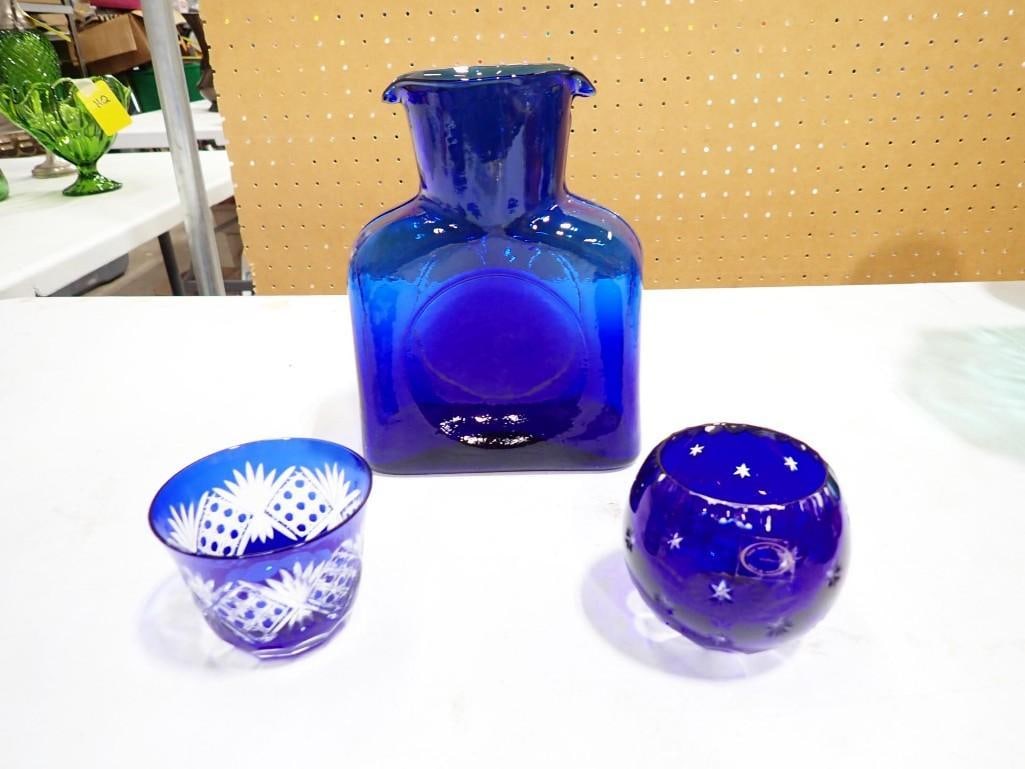 Vintage Blenkko #384 Sapphire Blue Double Spout Water Bottle / Vase and Cut to Clear Votive Holder B (1 of 8)