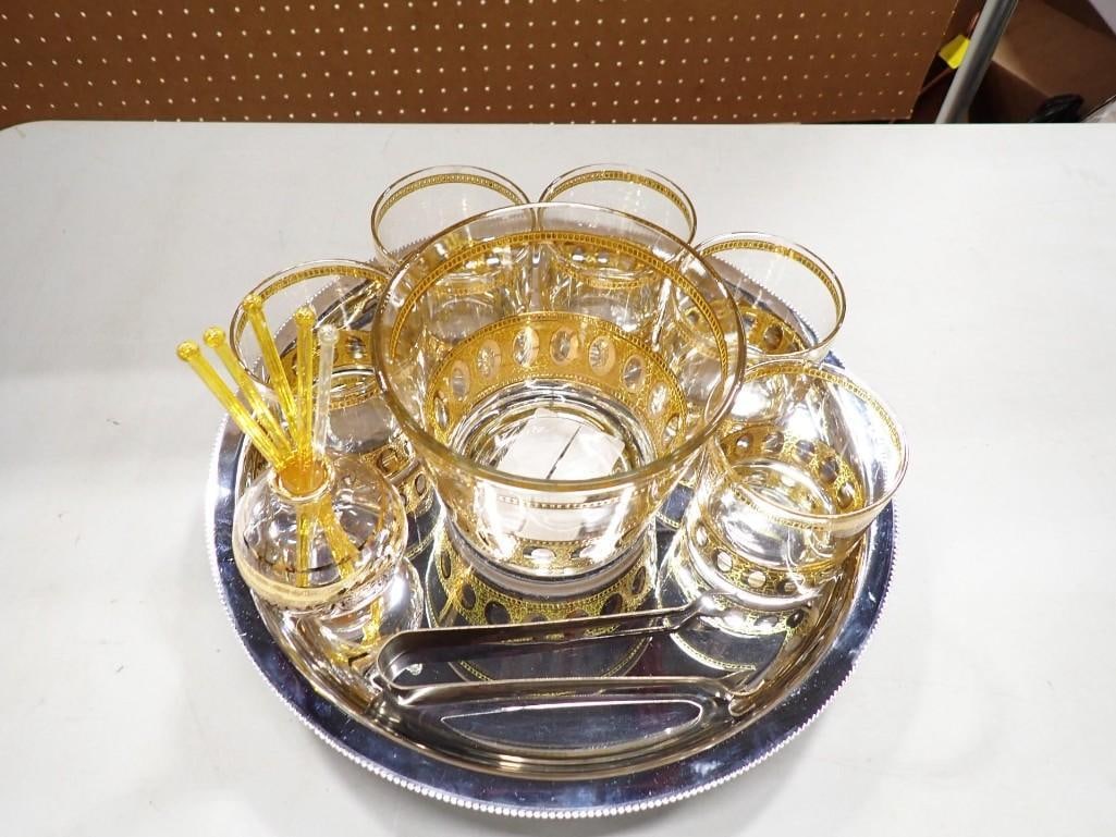 MCM Culver 22K Antigua Pattern Ice Bucket with Tongs and 5 Matching Lowball Glasses, A Kromex (1 of 9)