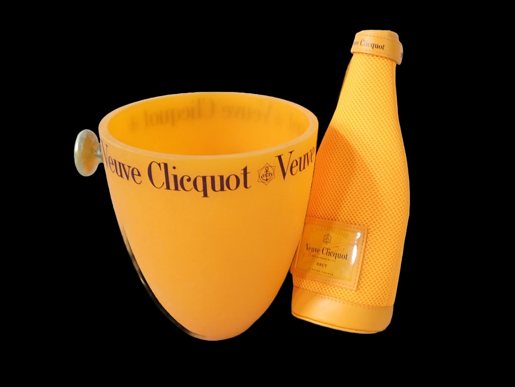 A Veuve Clicquot Champagne Bucket / Bottle Cooler and Neoprene Bottle Jacket: A Veuve Clicquot Champagne Bucket / Bottle Cooler and Neoprene Bottle Jacket