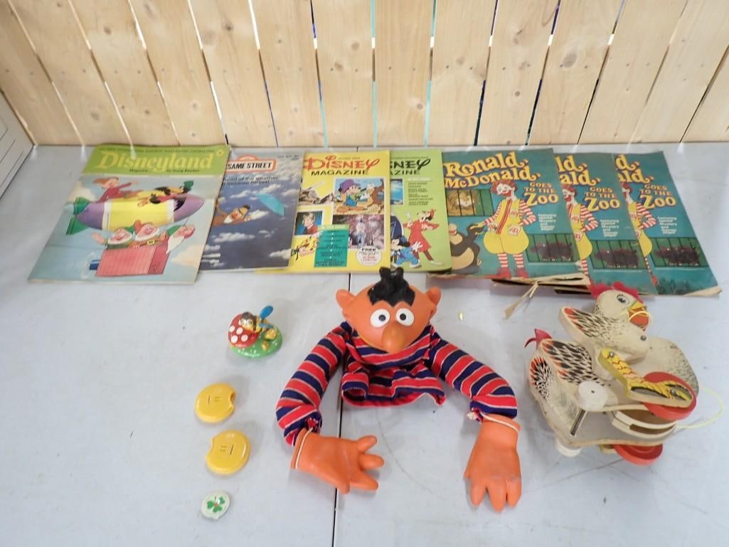 Vintage Toy Lot incl Sesame Street Ernie Puppet, Chicken Pull Toy, Disney Magazines, (1 of 10)