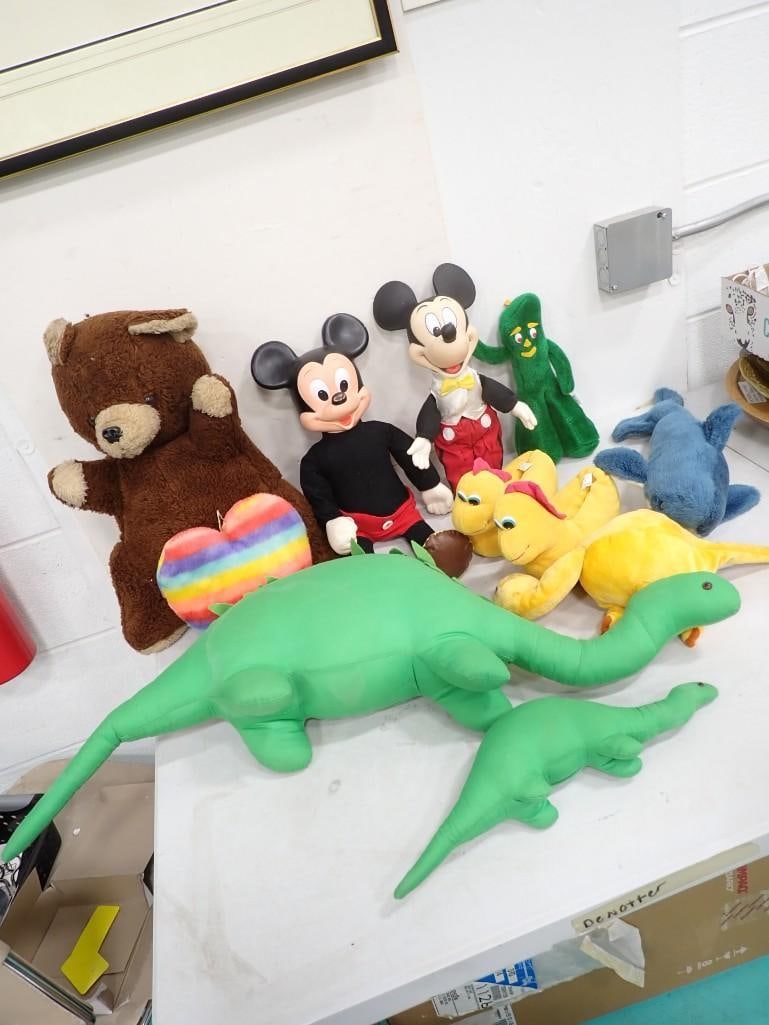 Large Plush Lot including Vintage Mickey Mouse, Dinosaurs, Gumby, Shark, Old Teddy Bear, etc. (1 of 8)