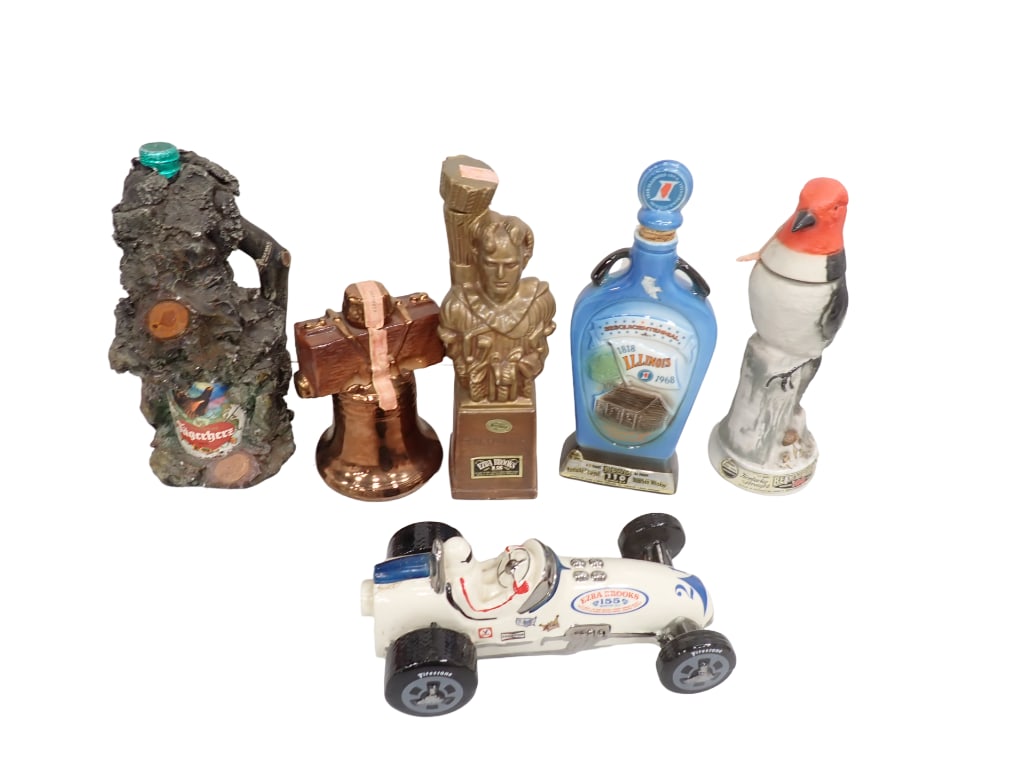 Decorative Decanter Lot including Jim Beam and Ezra Brooks - Race Car, Jagerbers, Illinois, etc.: Decorative Decanter Lot including Jim Beam and Ezra Brooks - Race Car, Jagerbers, Illinois, etc.
