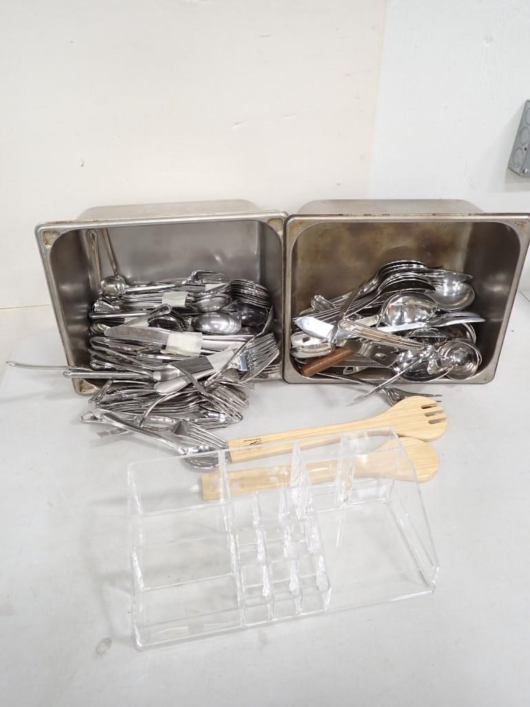 Large Lot of Assorted Restaurant Flatware, Utensils, Steam Table Trays, Acrylic holder, etc. (1 of 8)