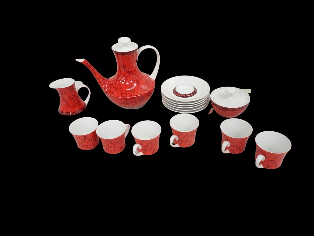 Block Bidasoa Red and Black China Tea Set including 6 Cups, 6 Saucers, Tea Pot, Creamer, Sugar (1 of 8)