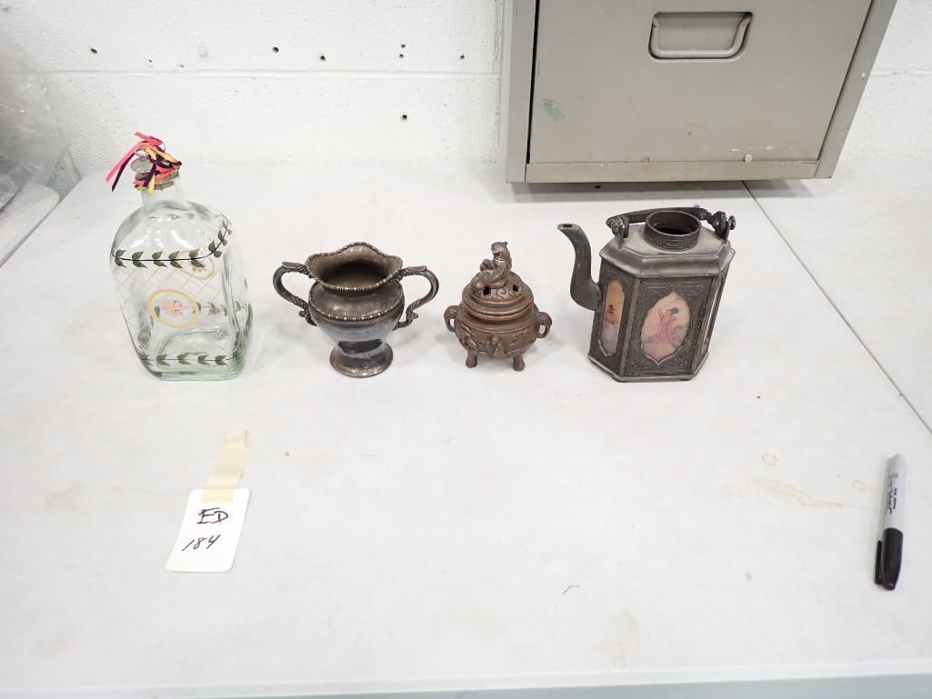 Asst Vintage incl Teapot, Bottle, etc: Asst Vintage incl Teapot, Bottle, etc . Teapot has no lid