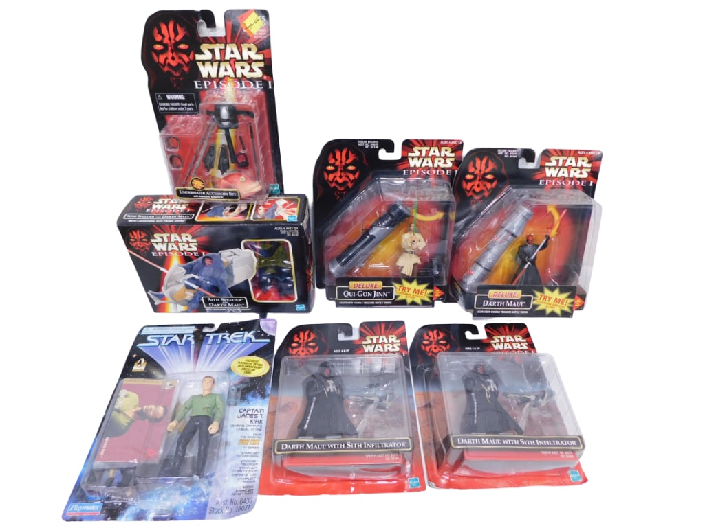 7 Star Wars Episode 1 Darth Maul, Qui-Gon, Star Trek Figures NOC Lot (1 of 4)