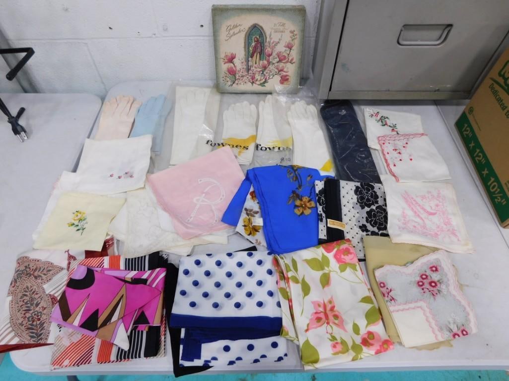 Vtg 1950-60s Ladies Scarves, Gloves, Handkerchiefs, Greeting Cards Lot: Vintage 1950-60s Women's scarves, embroidered hankies, napkins, vintage women's finger gloves, greeting cards in box lot. Clean, includes items shown