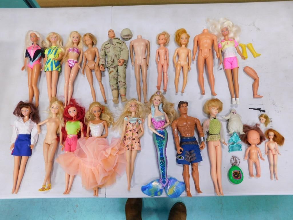 Dolls Lot incl Vtg Peaches & Cream Barbie, GI Joe, Disney Princesses, Mermaid, Vtg 1960 Ken Body,: Lot of dolls including vintage Peaches & Cream Barbie, GI Joe, Disney Princesses, Mermaid, Vtg 1960 Ken Body, vintage Ideal Pepper, Vintage Dollykins Sunshine Family, Boy Dolls, NBC Oogie Boogie,