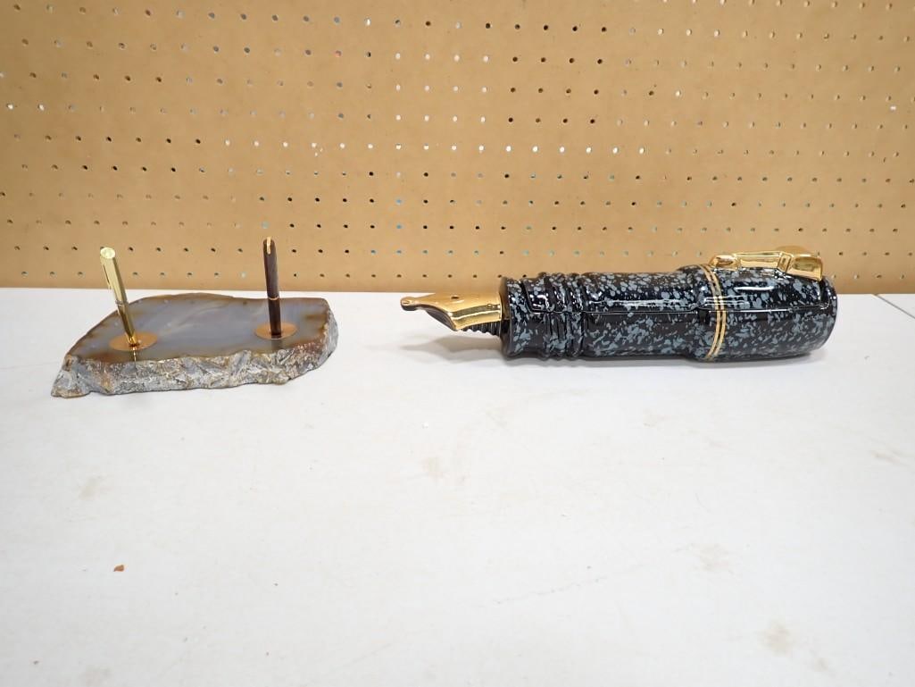 Ceramic Parker Fountain Pen Shaped Trinket Dish and polished stone pen holder with pens (1 of 4)