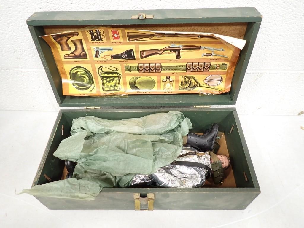 Toy Lot with 1964 GI Joe Foot Locker, two 12" GI Joe Action Figures and small vintage doll (1 of 13)
