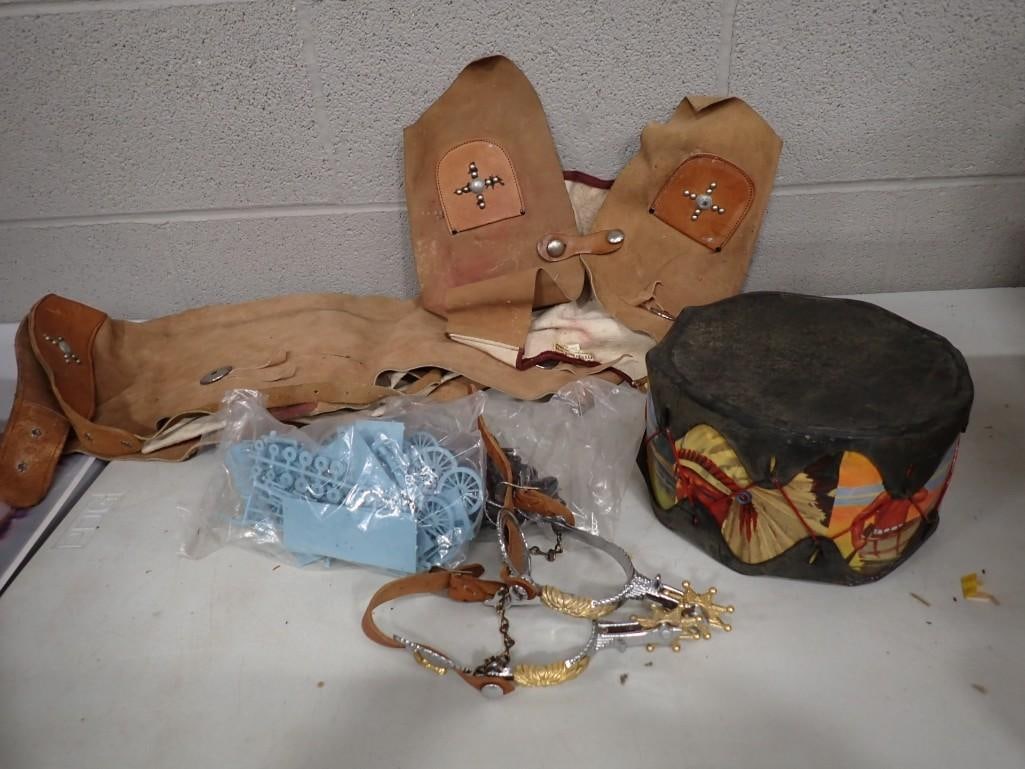 Vintage Toy Lot including Drum with Native American art, Cowboy attire, Plastic Model kit horses and (1 of 10)