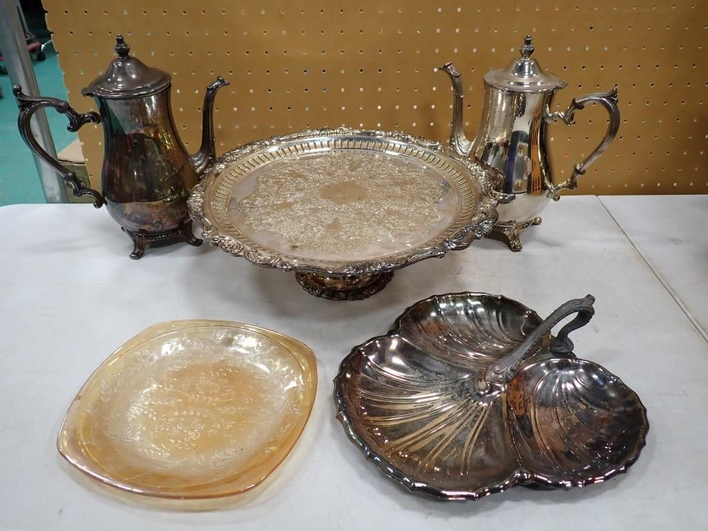 Lot of Silverplate items incl Cake Stand, Coffeepots, Relish Serving Dish (1 of 14)