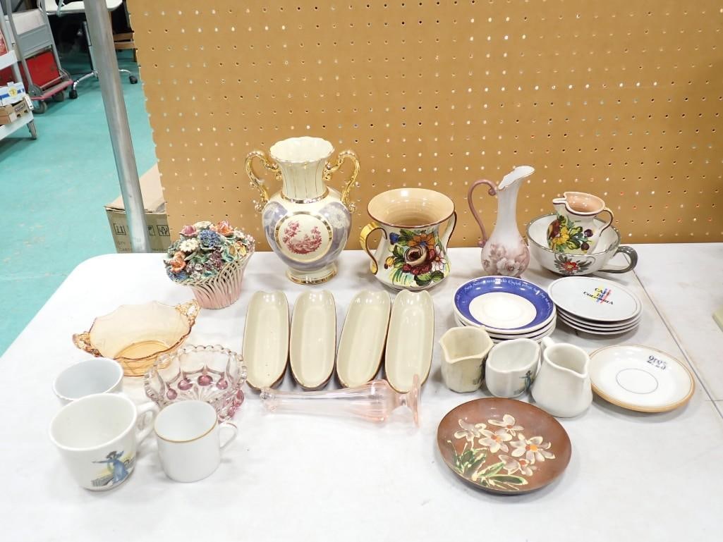 Asst Porcelain, Ceramic, and Glass incl Vases, Corn Dishes, Bowl, etc: Asst Porcelain, Ceramic, and Glass incl Vases, Corn Dishes, Bowl, etc