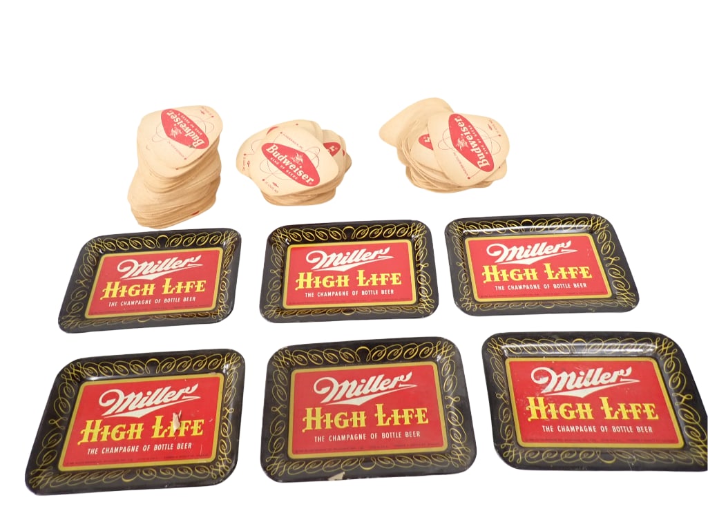Vintage Beer Bar Items incl Miller High Life Small Metal Trays and Budweiser Coasters (1 of 9)