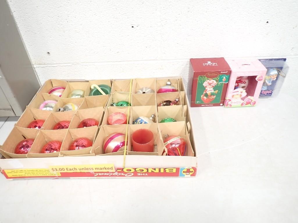 Lot of Vintage Christmas Ornaments including Strawberry Shortcake, Glass, etc.: Lot of Vintage Christmas Ornaments including Strawberry Shortcake, Glass, etc. One of the glass ones is broken