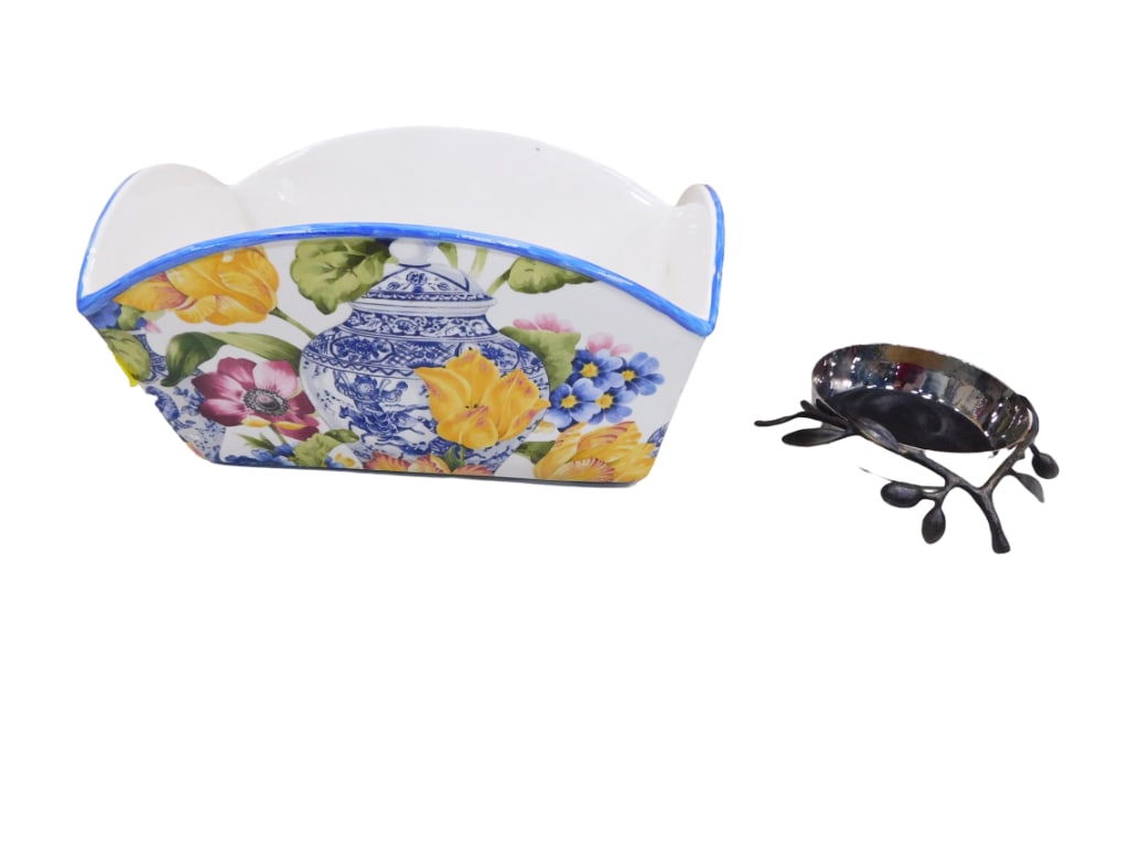 Michael Aram Stainless Steel Olive Branch Bowl / Wine Bottle Coaster and Ceramic Planter or Vase: Michael Aram Stainless Steel Olive Branch Bowl / Wine Bottle Coaster and Ceramic Vase or Planter made in Italy