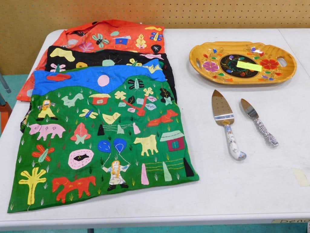 Three hand made small pillow cases or bags, hand painted Latin American Wooden Lacquered tray and (1 of 5)