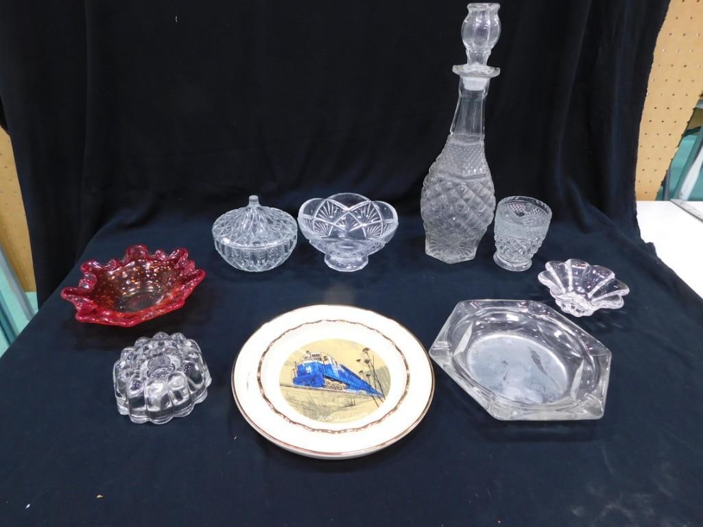 Lot of Crystal, Glass, Ashtrays, Railroad Plate, etc.: Lot of Crystal, Glass, Ashtrays, Railroad Plate, etc.