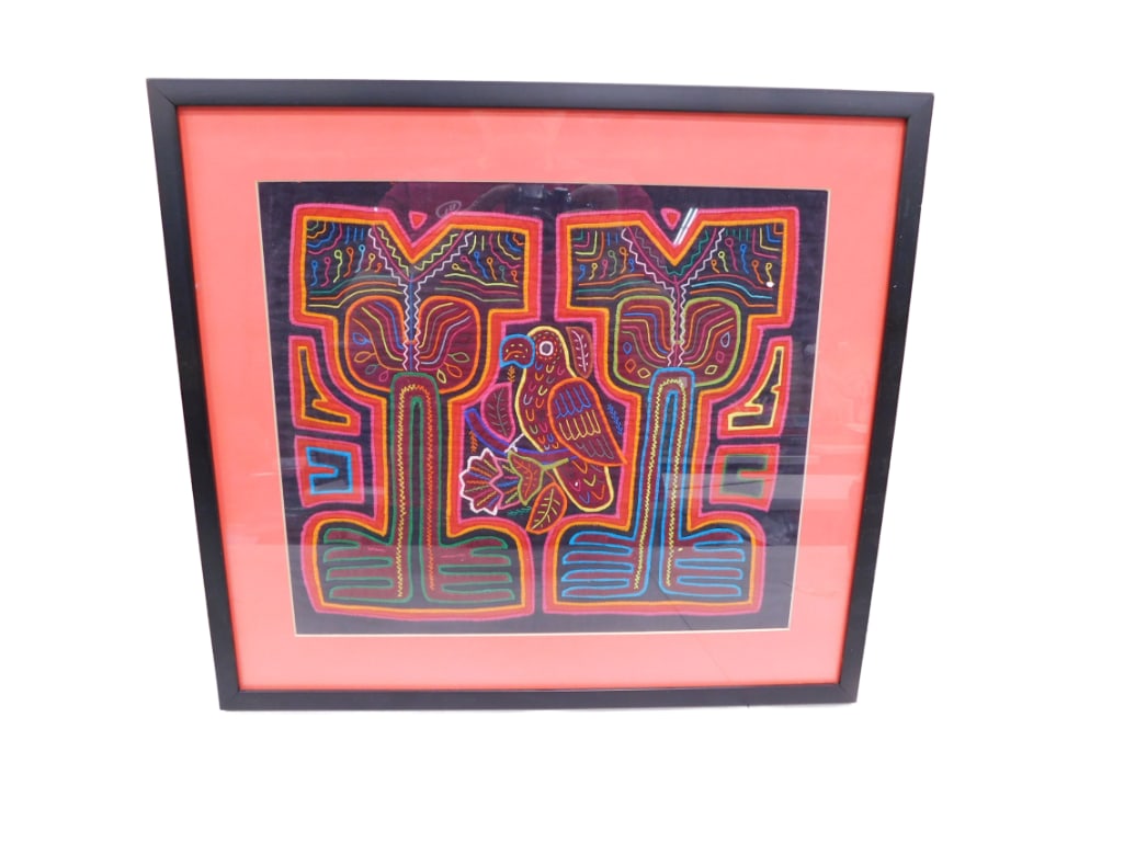 Framed Latin American Mola Fabric Art with Parrot (1 of 4)