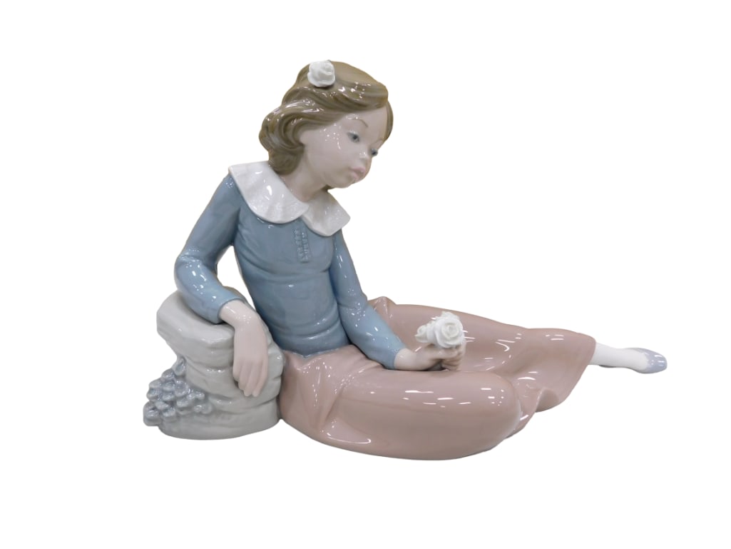 Large Nao by Lladro Girl with Flowers Sitting Figurine: Large Nao by Lladro Girl with Flowers Sitting Figurine - Roughly 8" tall by 14" long